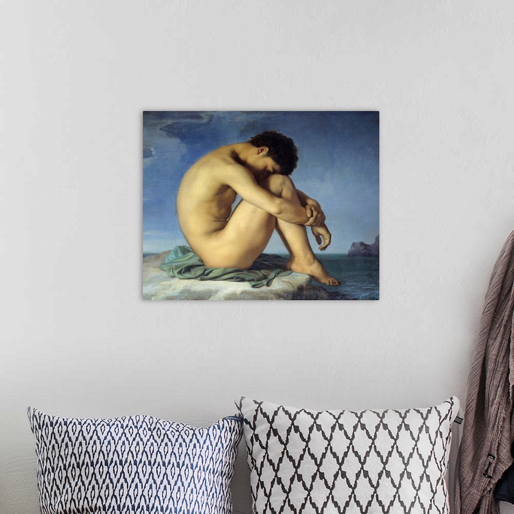 A bohemian room featuring Young naked man sitting on the edge of the sea. Thinker in a in a fetal, slumber position of prot...
