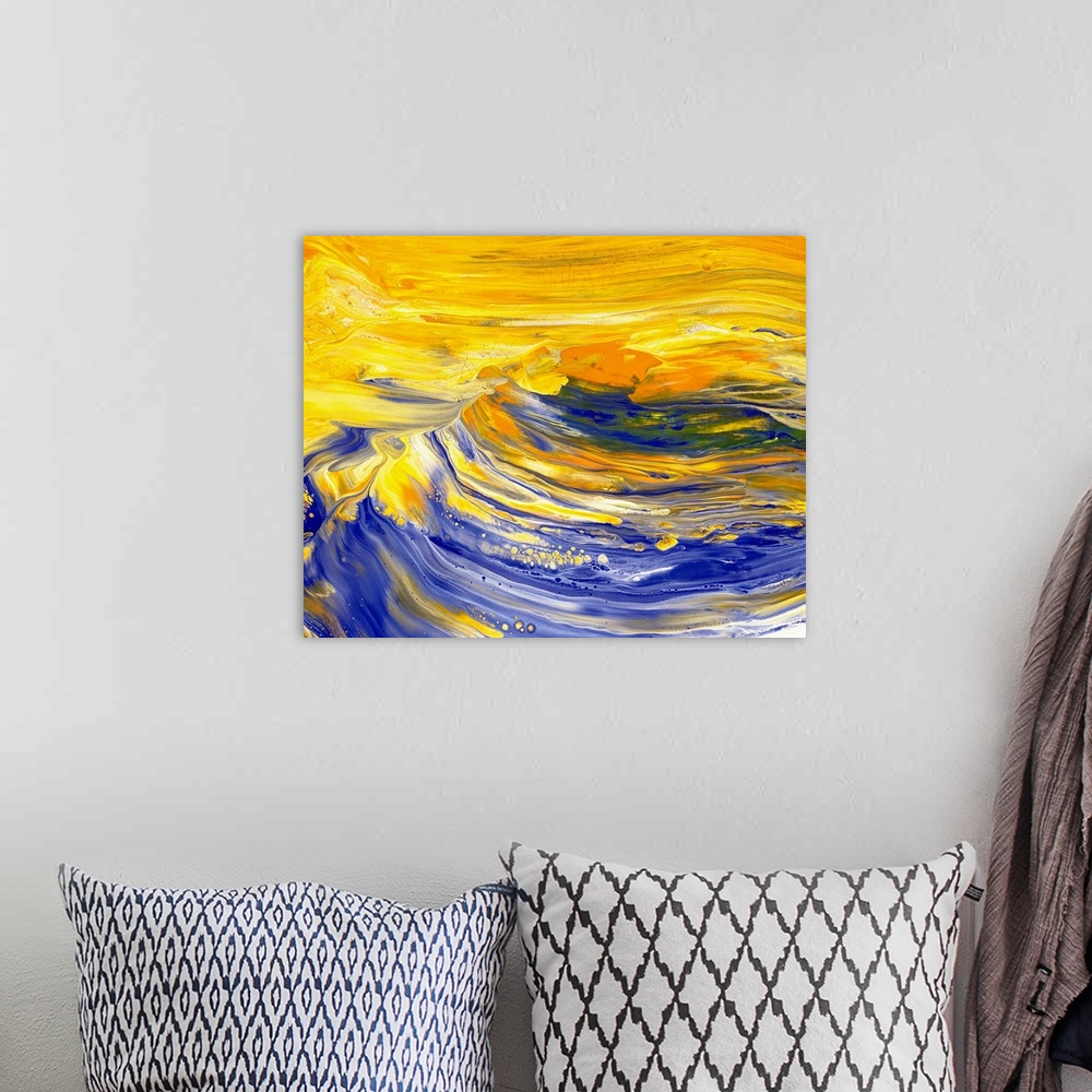 A bohemian room featuring Bright colored abstract oil painting of waves.
