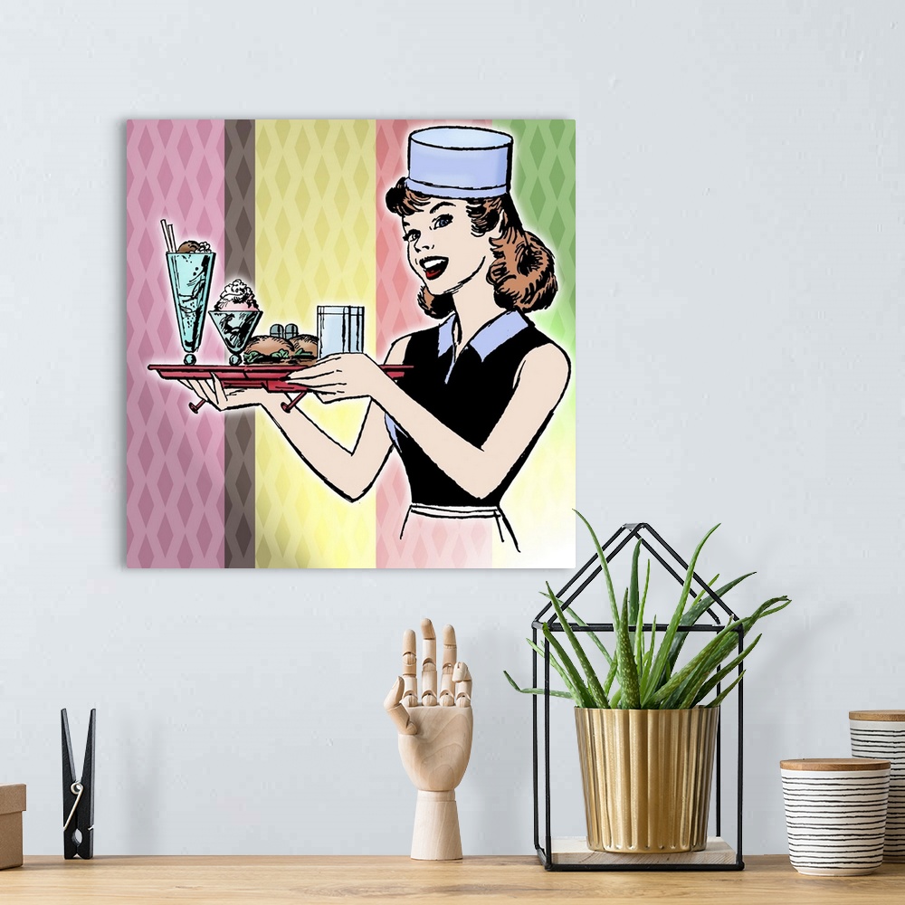 A bohemian room featuring Portrait of 1950s waitress