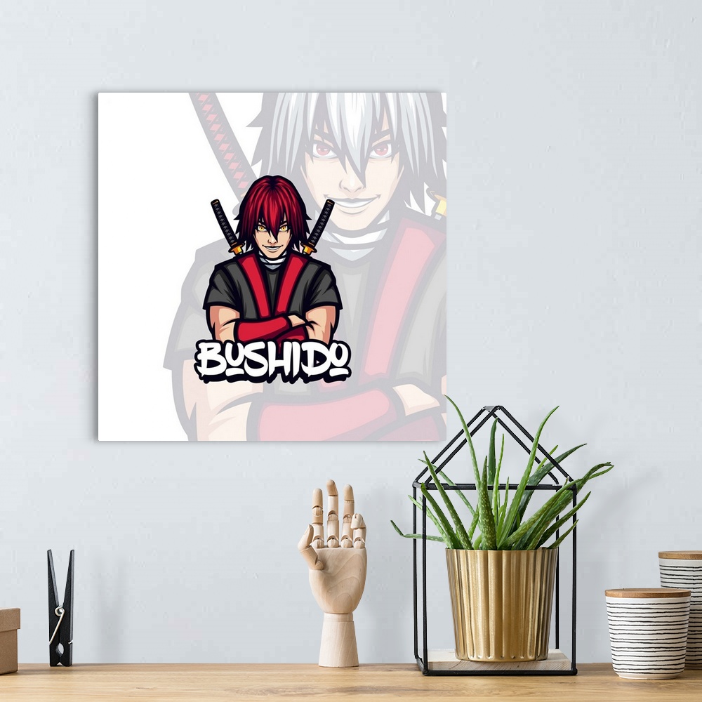 A bohemian room featuring Red haired bushido. Ronin samurai mascot illustration.