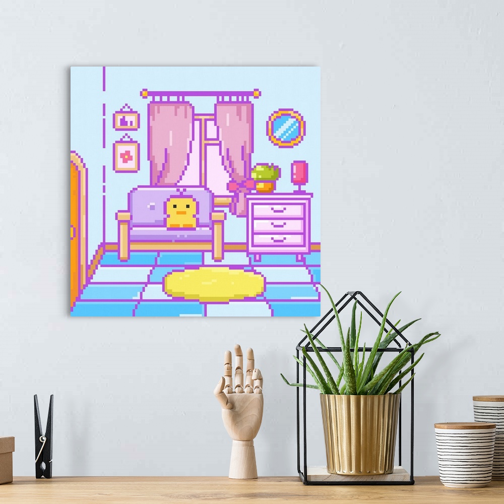 A bohemian room featuring Retro Duck In Living Room Pixel Art