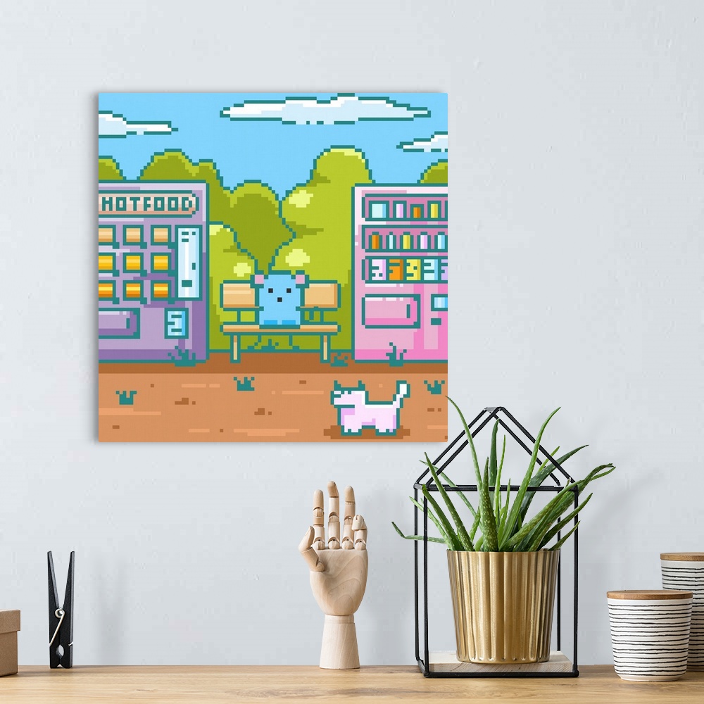 A bohemian room featuring Retro Mouse On Park Bench With Dog Pixel Art