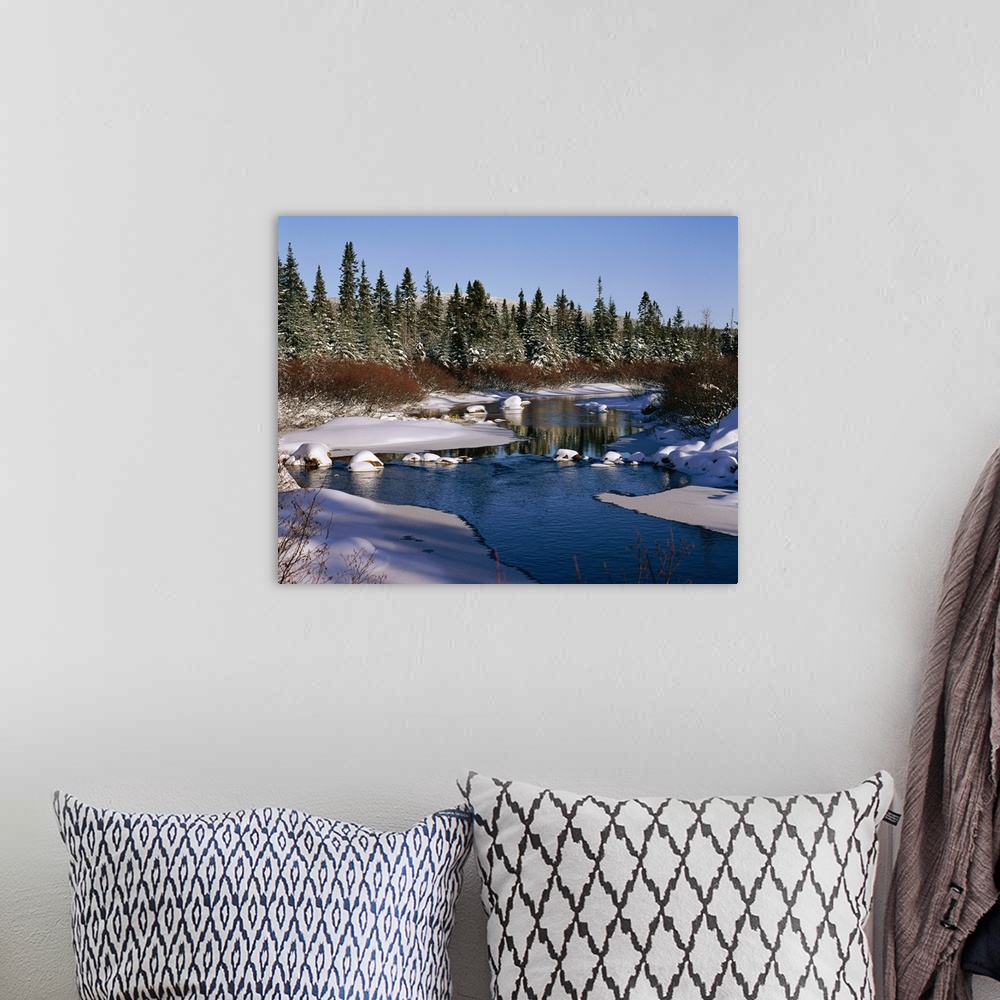 A bohemian room featuring River with snow-covered banks and trees