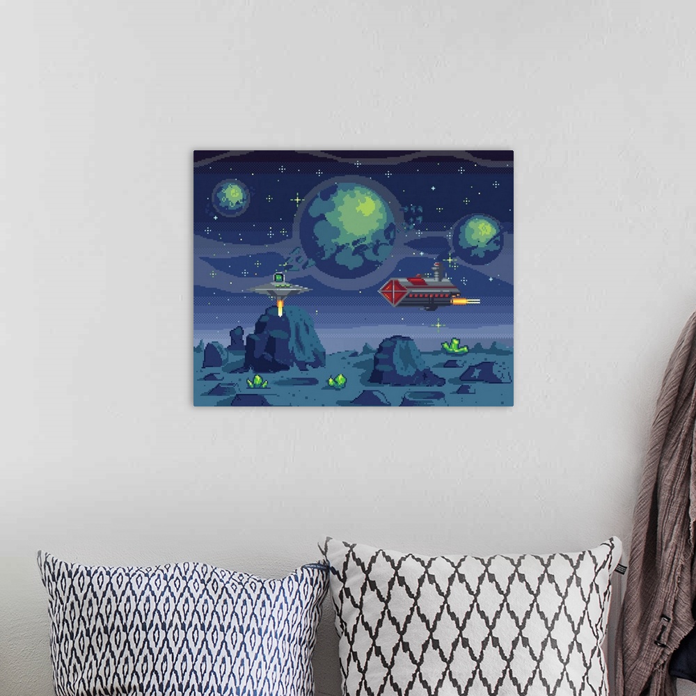A bohemian room featuring Spaceships During War In Space, Pixel Art