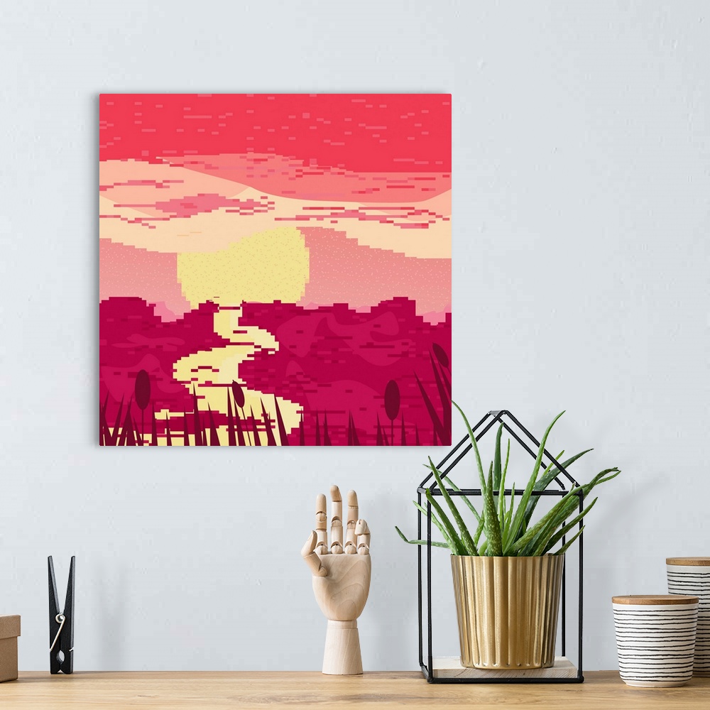 A bohemian room featuring Summer Landscape With River Pixel Art