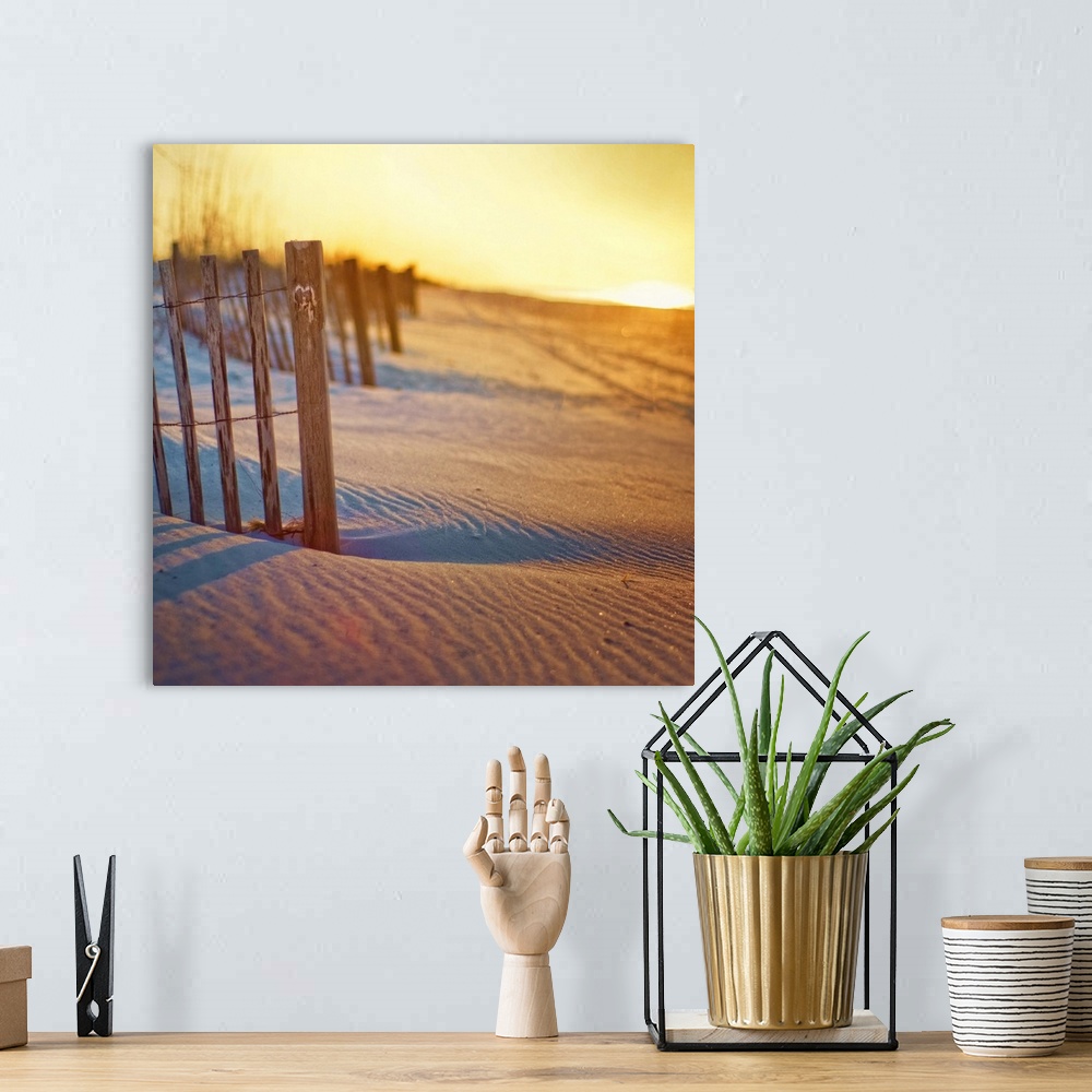 A bohemian room featuring Undulating sand dunes, rippled sand long shadows, beach fence with carved heart and sunrise over ...