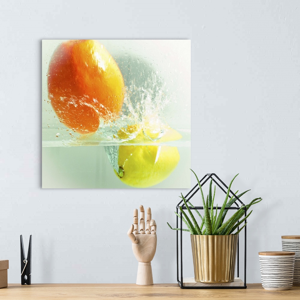 A bohemian room featuring an orange and a lemon dropped in water and captured during a splash. color and square format image