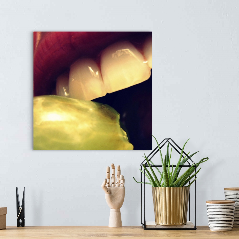 A bohemian room featuring Partial mouth and teeth biting green grape.