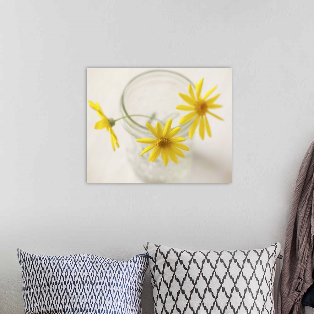 A bohemian room featuring Three yellow daisies in glass jar.