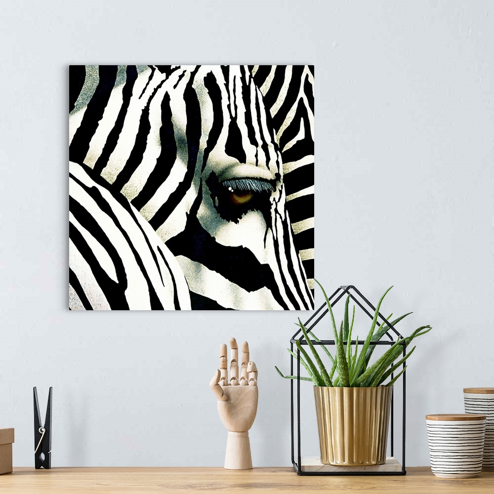 A bohemian room featuring This is a very up close view of a zebra's head and eye with other parts of zebras shown in front ...