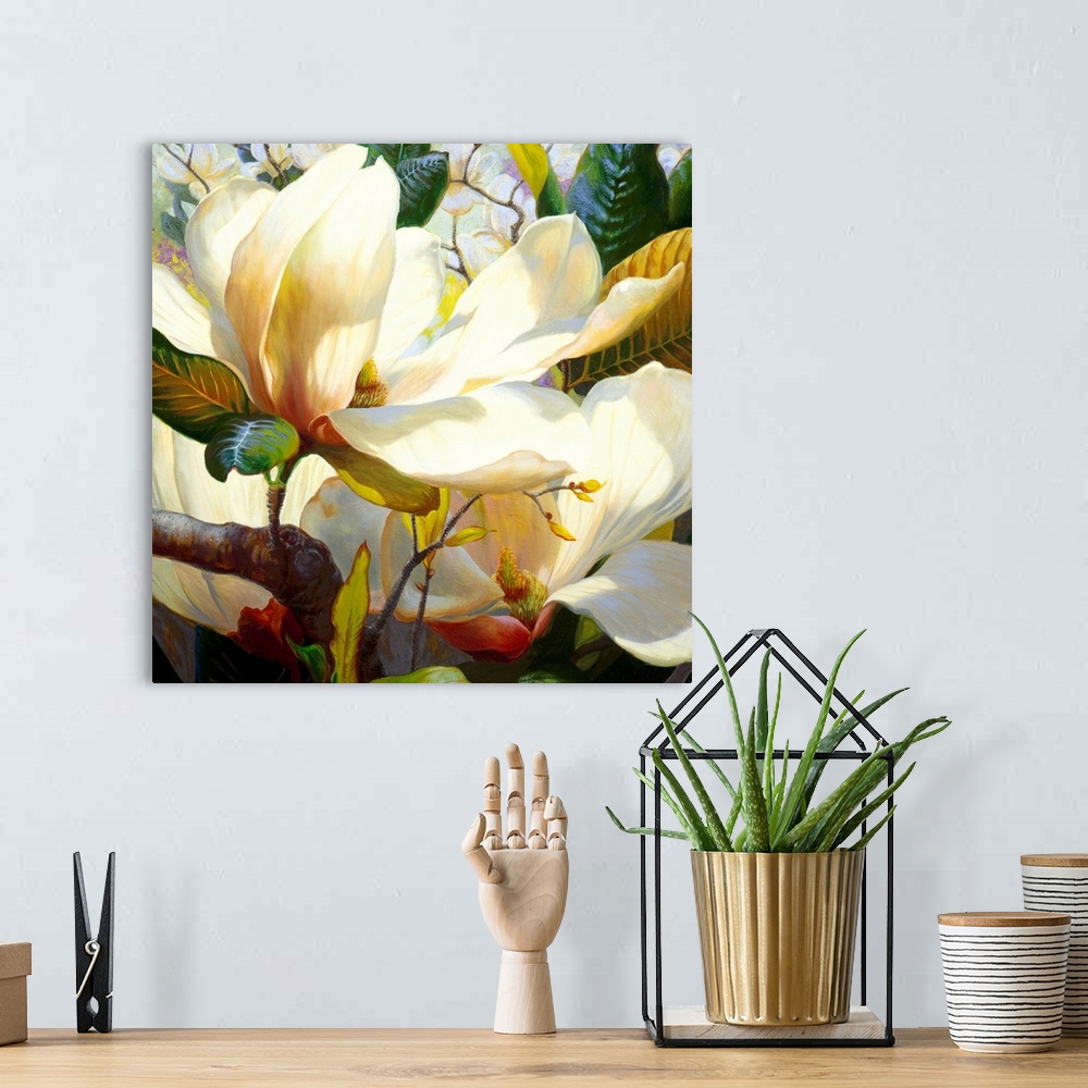 A bohemian room featuring A square shaped painting that is a realistic rendering of magnolia blossoms and leaves in the bri...