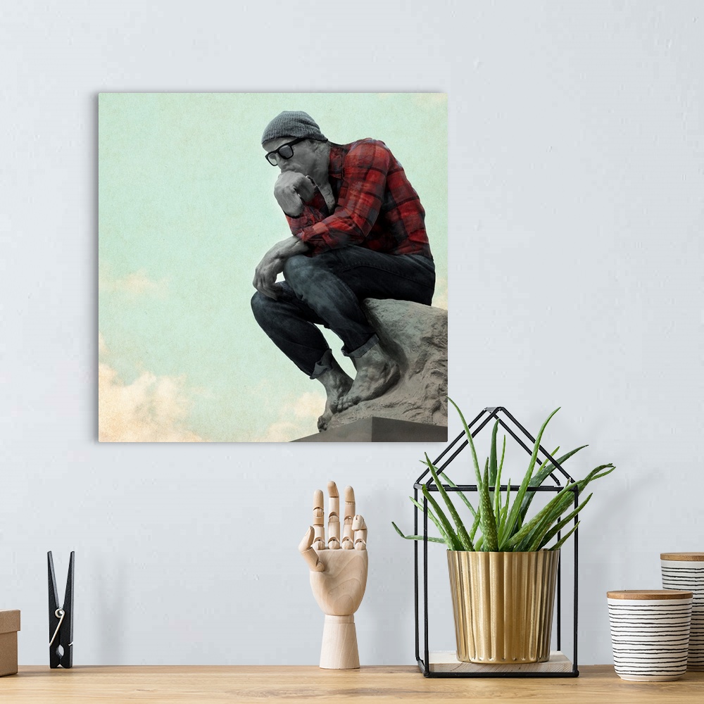 A bohemian room featuring Humorous illustration of the Thinker statue dressed up like a hipster.