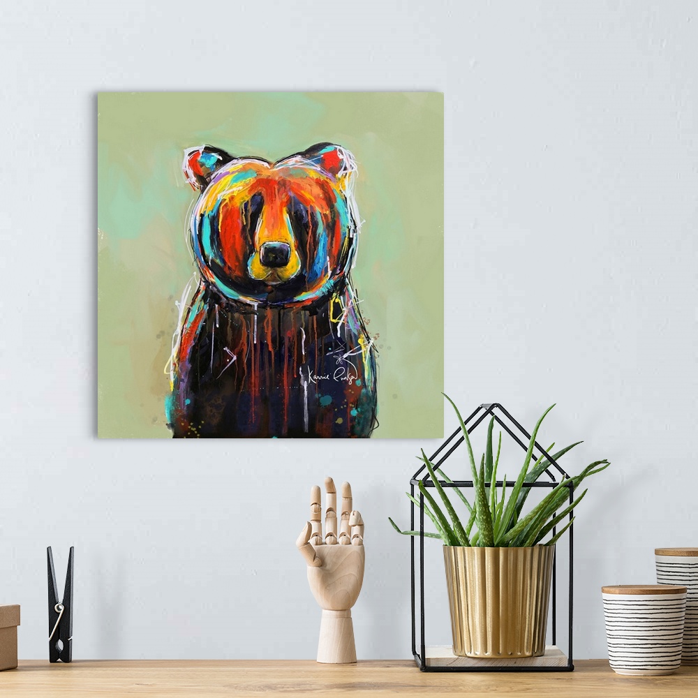 A bohemian room featuring A contemporary painting of a colorful bear with accents shades of yellow, red and blue.