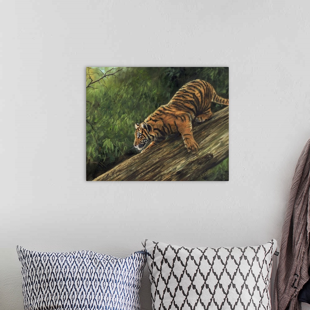 A bohemian room featuring Originally an oil painting on canvas depicting an Amur Tiger descending a tree trunk.