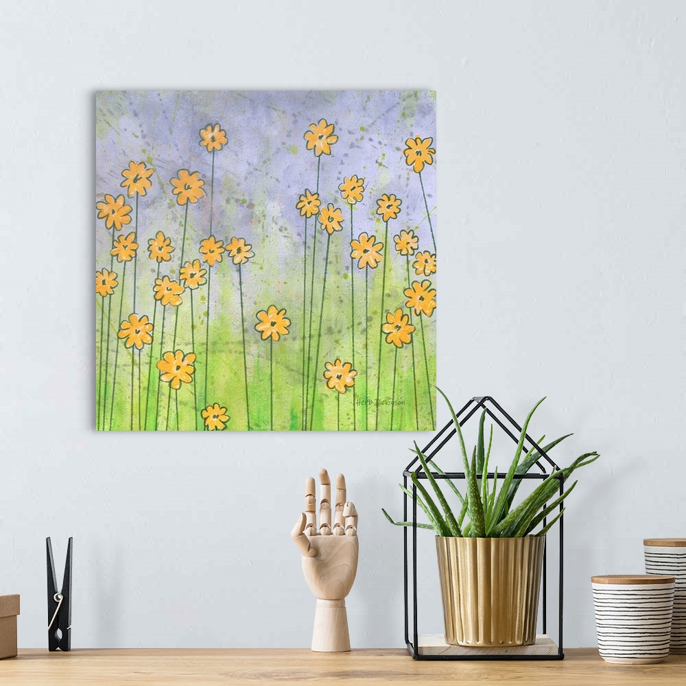 A bohemian room featuring Painting of whimsical yellow flowers with long green stems on a square background.