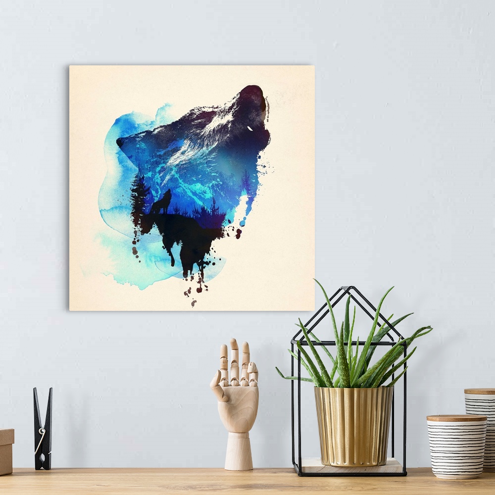 A bohemian room featuring Contemporary double exposure artwork of a wolf and forest silhouette scene.