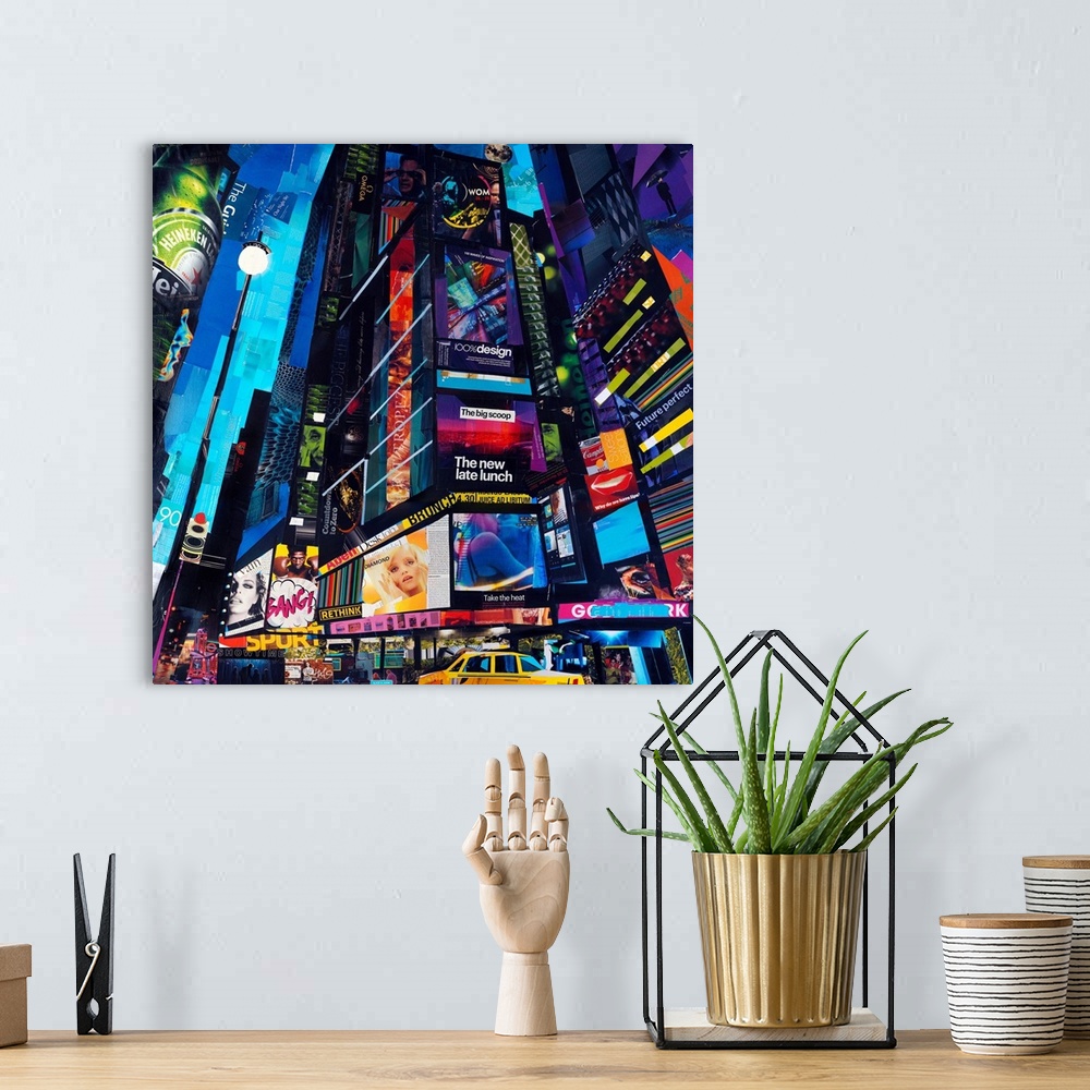 A bohemian room featuring Mixed media artwork of a cityscape of New York City made from cut magazine and book pages.