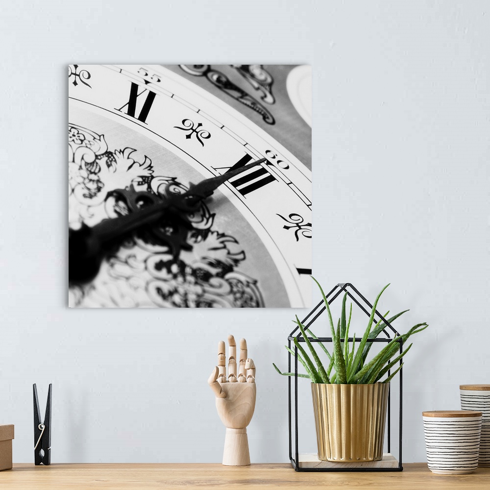A bohemian room featuring Old clock face showing the time. Midnight time on the clock.