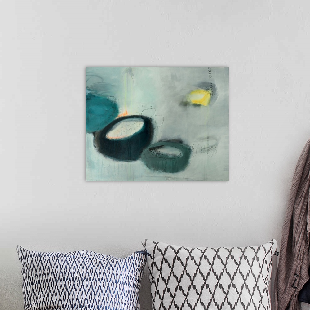 A bohemian room featuring Contemporary abstract painting using dark cool tones and organic shapes.