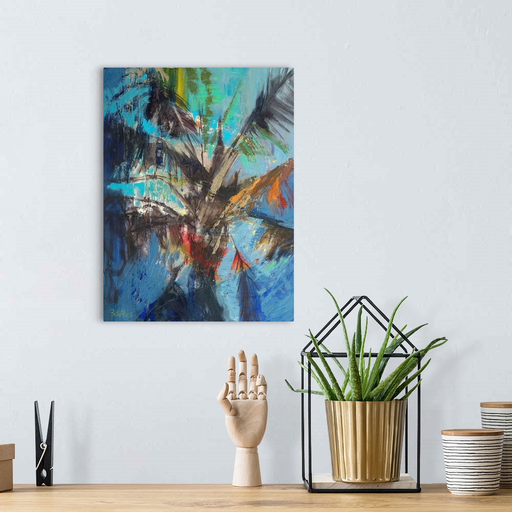 A bohemian room featuring A contemporary coastal themed painting of a palm tree.