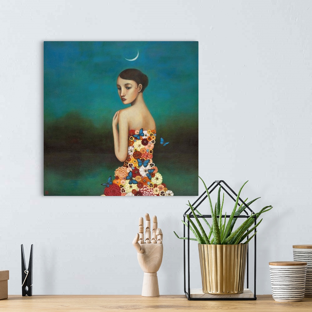 A bohemian room featuring Contemporary surreal artwork of a woman wearing a dress made of flowers with a crescent moon over...