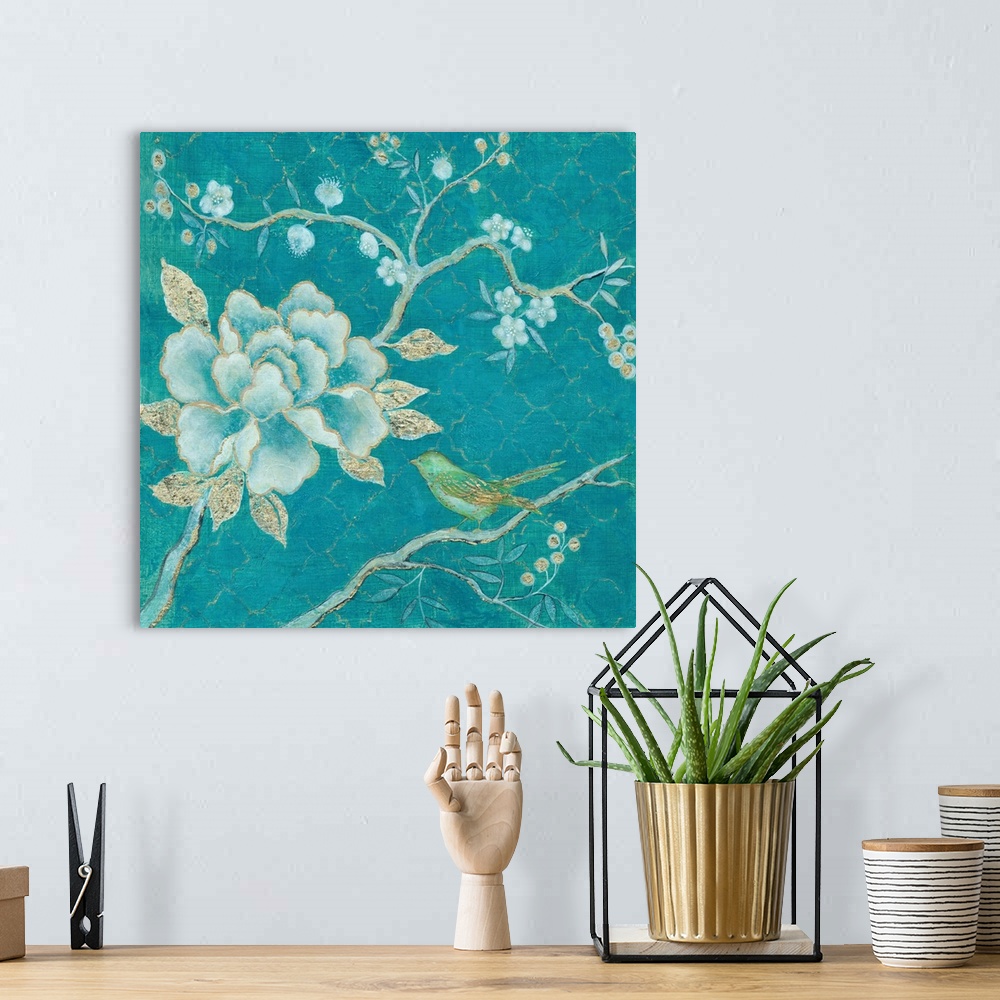 A bohemian room featuring Fine art painting of Japanese blossoms and a bird in teal and gold by Elle Summers.