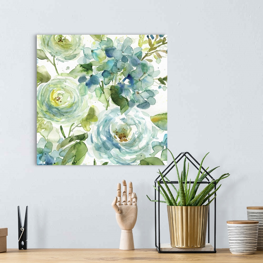 A bohemian room featuring Fine art watercolor painting of an assorted bouquet of flowers in blue and green by Elizabeth Fra...