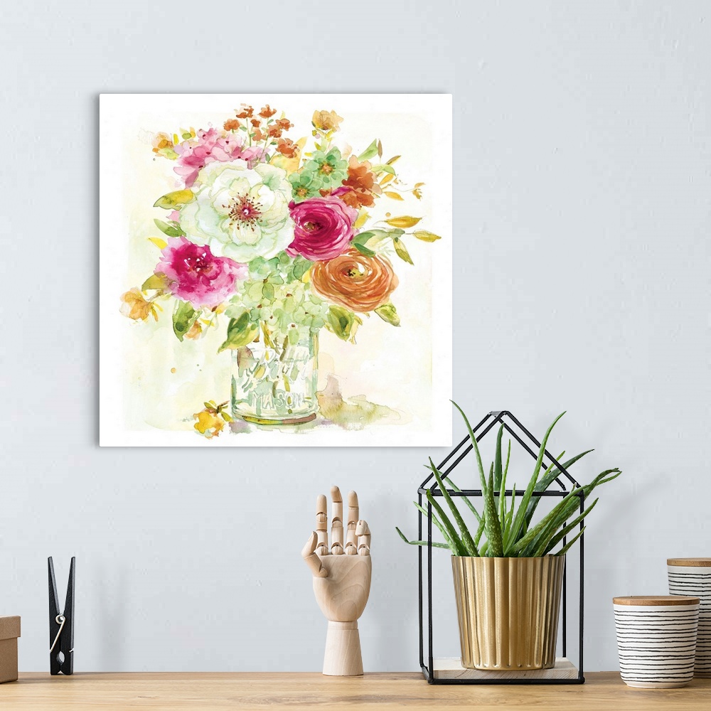 A bohemian room featuring Fine art watercolor painting of an assorted bouquet of flowers in bright colors by Elizabeth Fran...