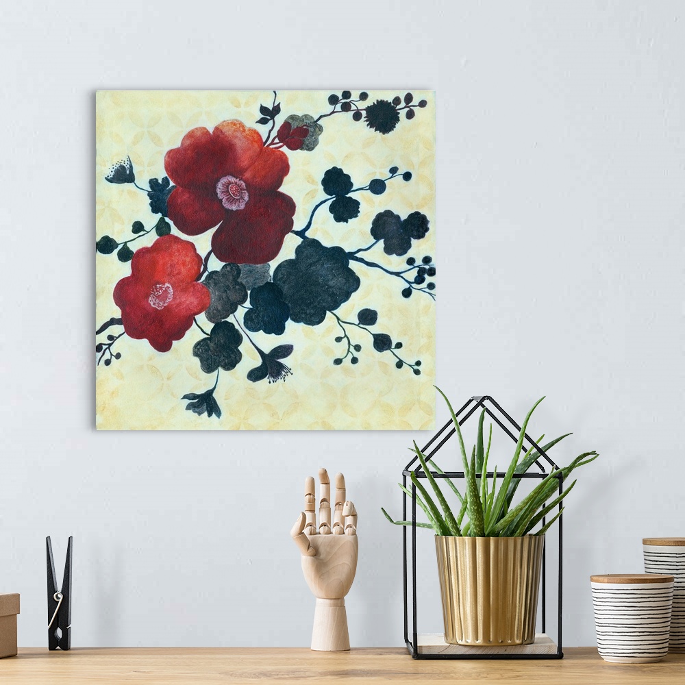A bohemian room featuring Fine art painting of Japanese blossoms by Elle Summers.