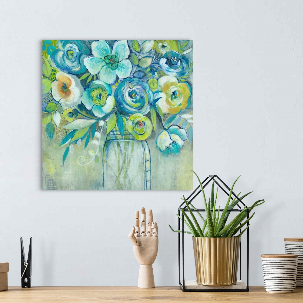 A bohemian room featuring Fine art painting of a bouquet of flowers in blues, greens and whites by Elle Summers.