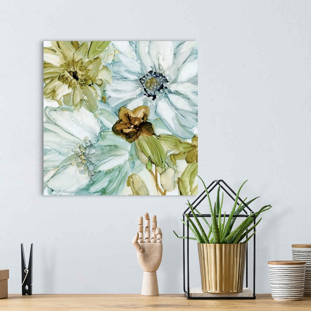 A bohemian room featuring Fine art watercolor painting of a seaglass garden of flowers in blues, green and gray by Elizabet...