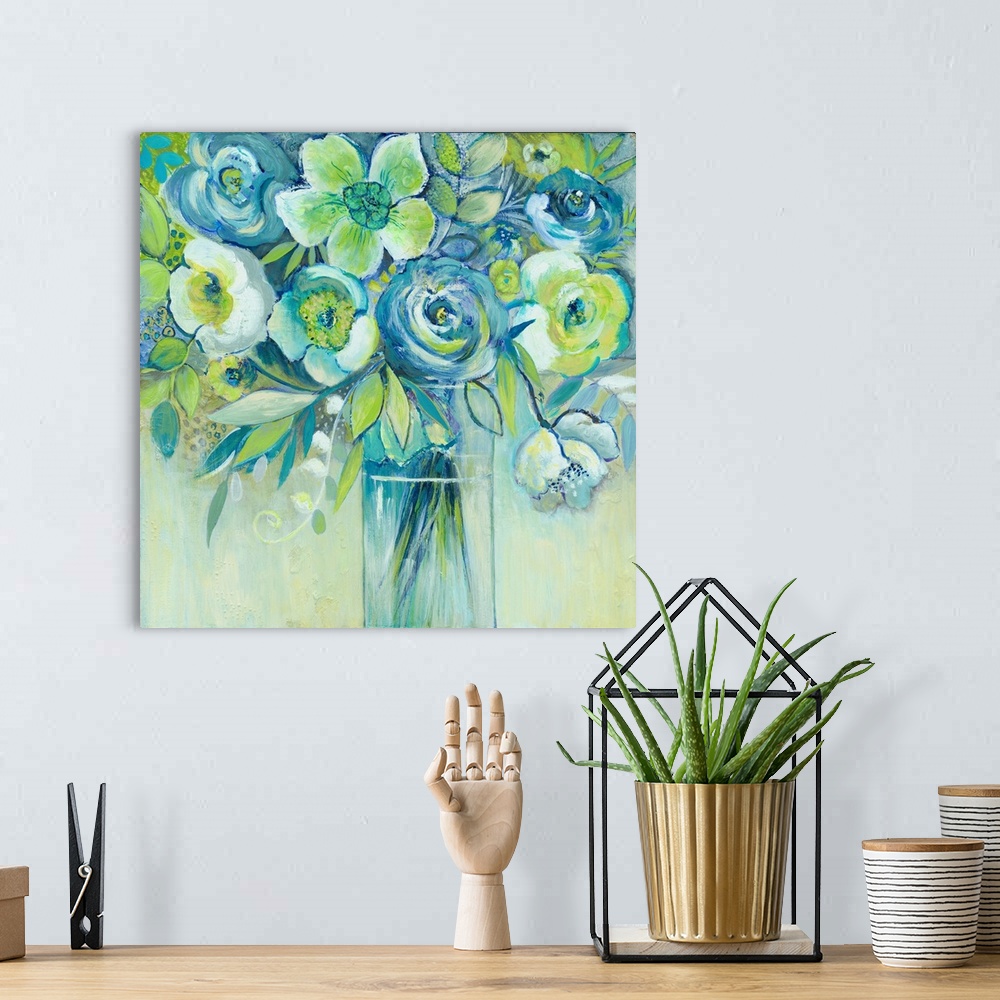 A bohemian room featuring Fine art painting of a bouquet of flowers in blues, greens and whites by Elle Summers.