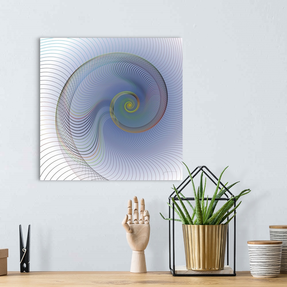 A bohemian room featuring A spiraling abstract nautilus shell made of flowing lines.