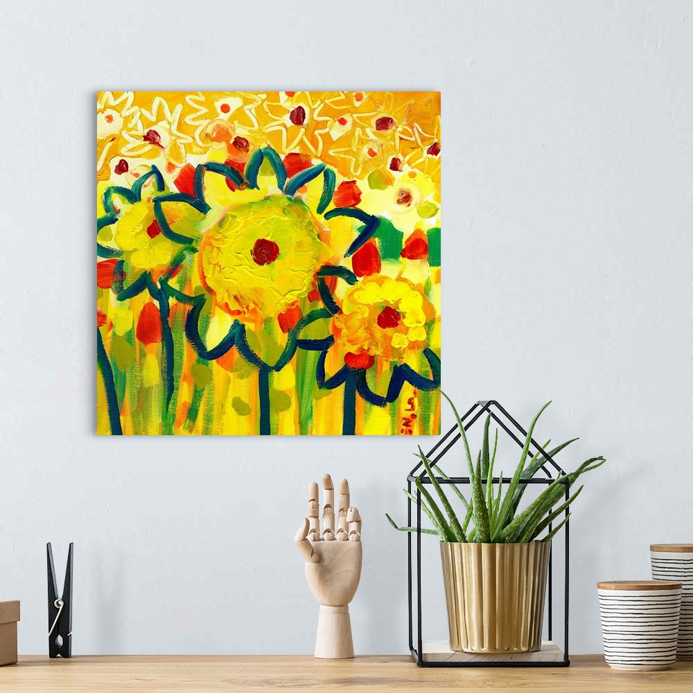 A bohemian room featuring Huge contemporary art depicts an extensive group of minimally detailed flowers.  Artist uses an a...