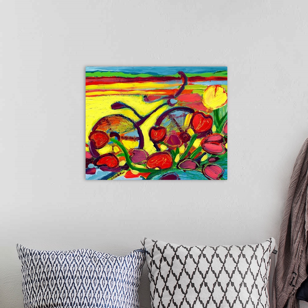 A bohemian room featuring This abstract painting shows a stylized bicycle parked behind a cluster of heart shaped tulips.
