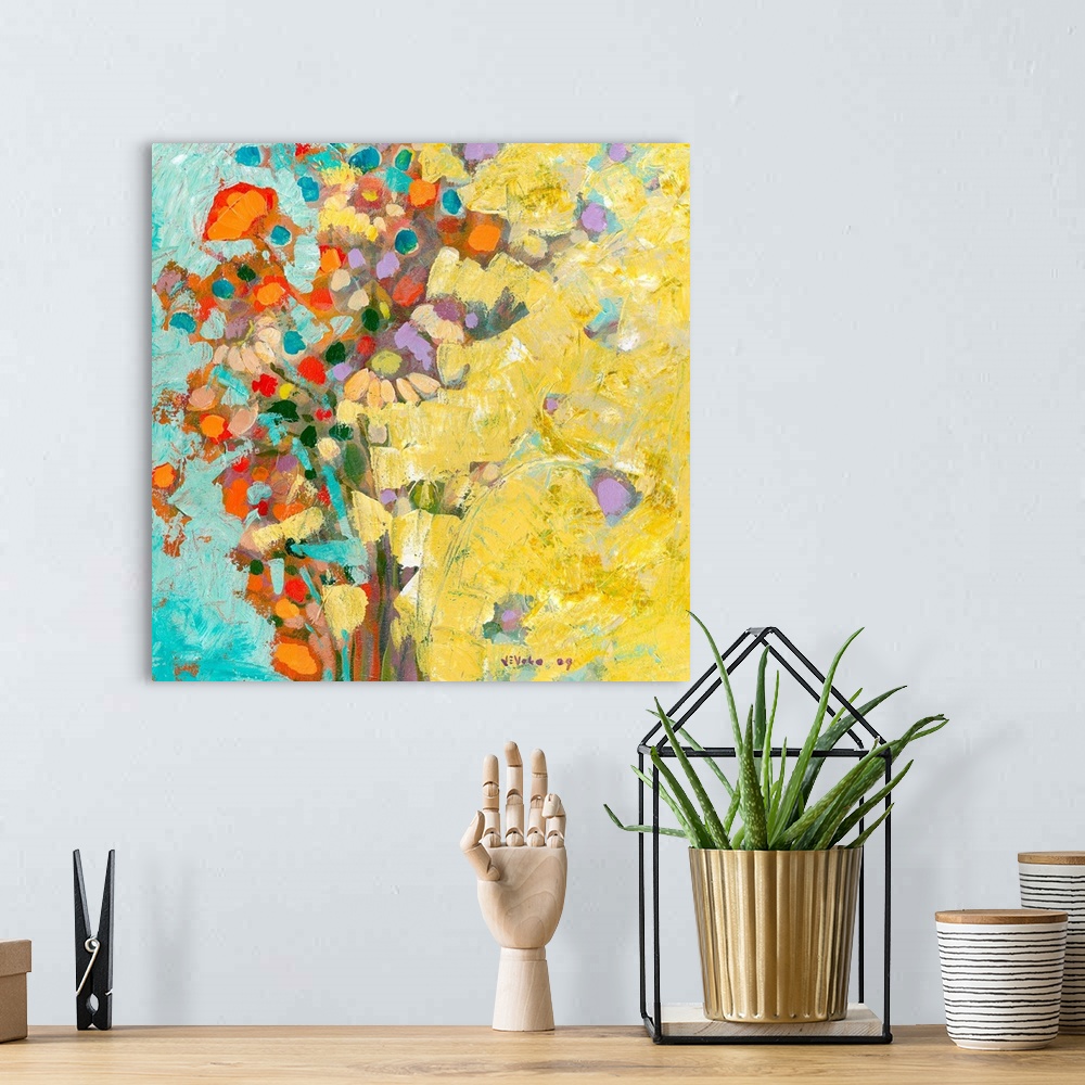 A bohemian room featuring Square painting of an abstract bouquet of flowers.