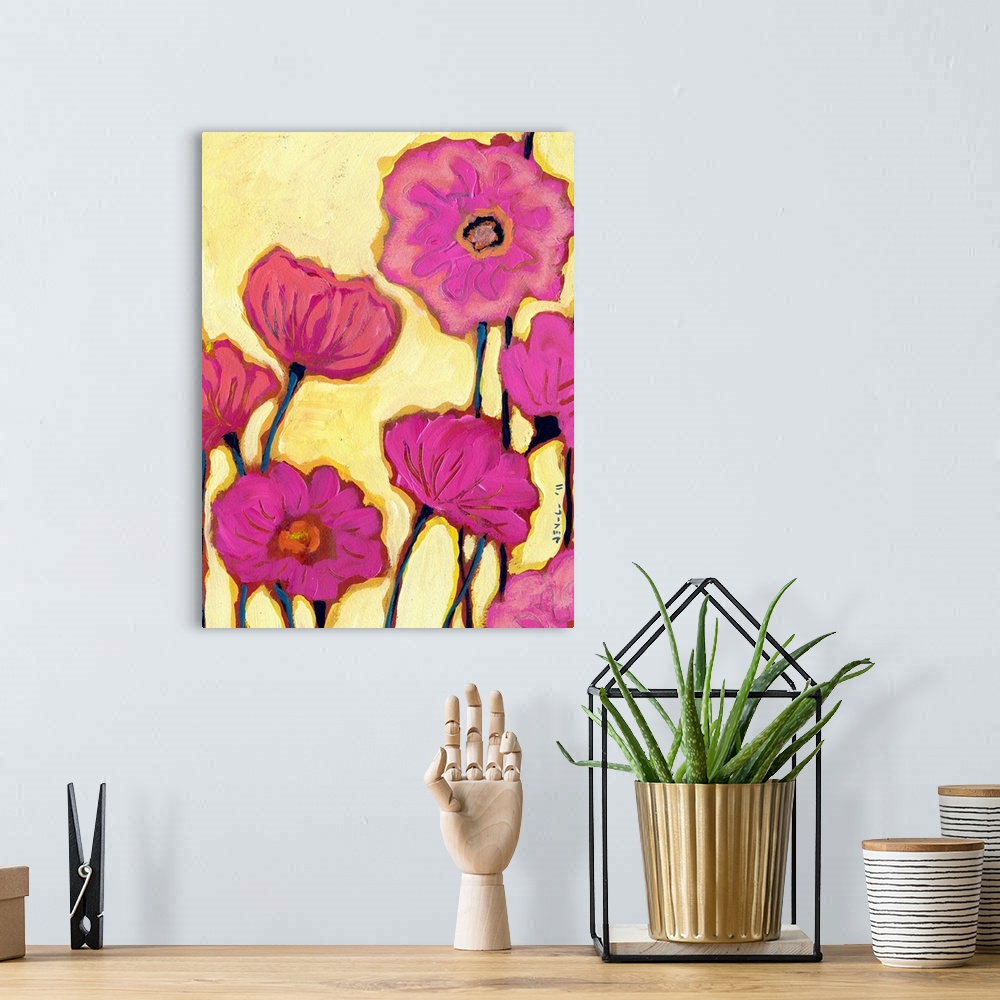 A bohemian room featuring Contemporary abstract  painting of flower blossoms on bright background.