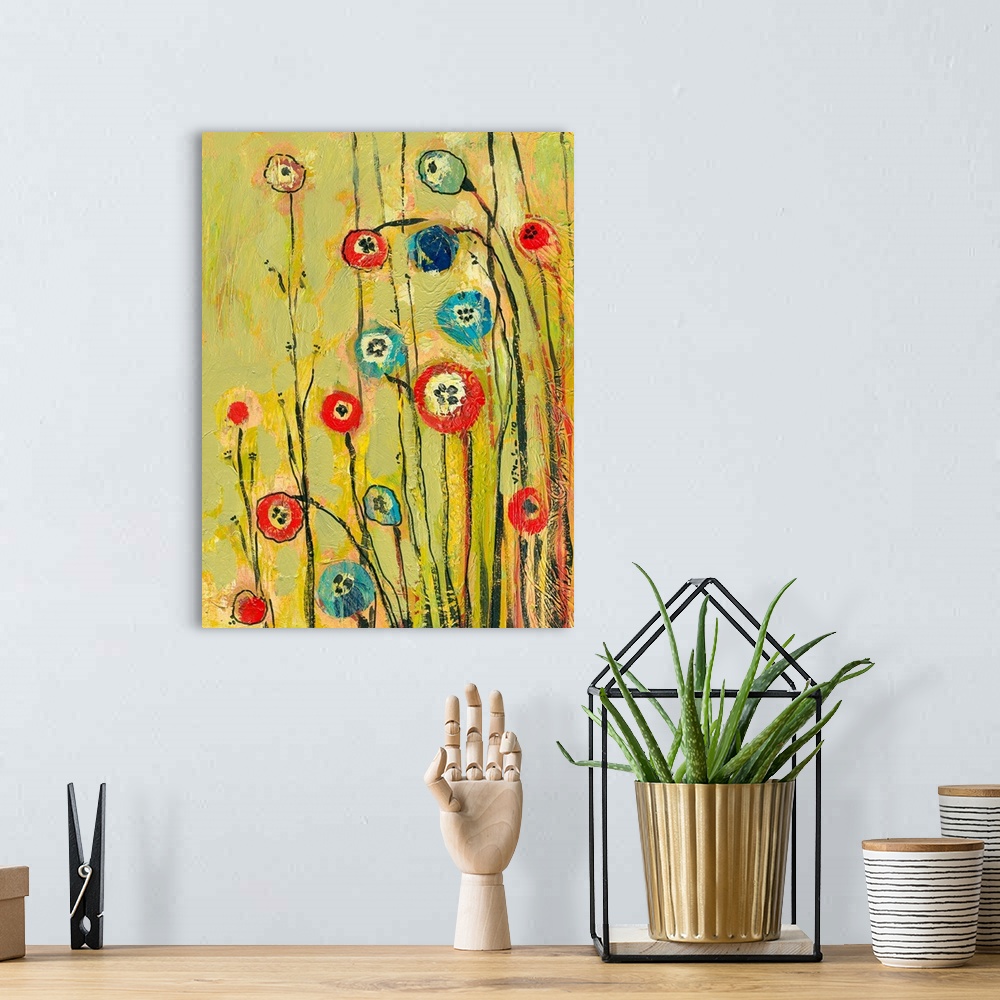 A bohemian room featuring Abstract painting of circular flowers with long stems on a background with noticeable paint strokes.