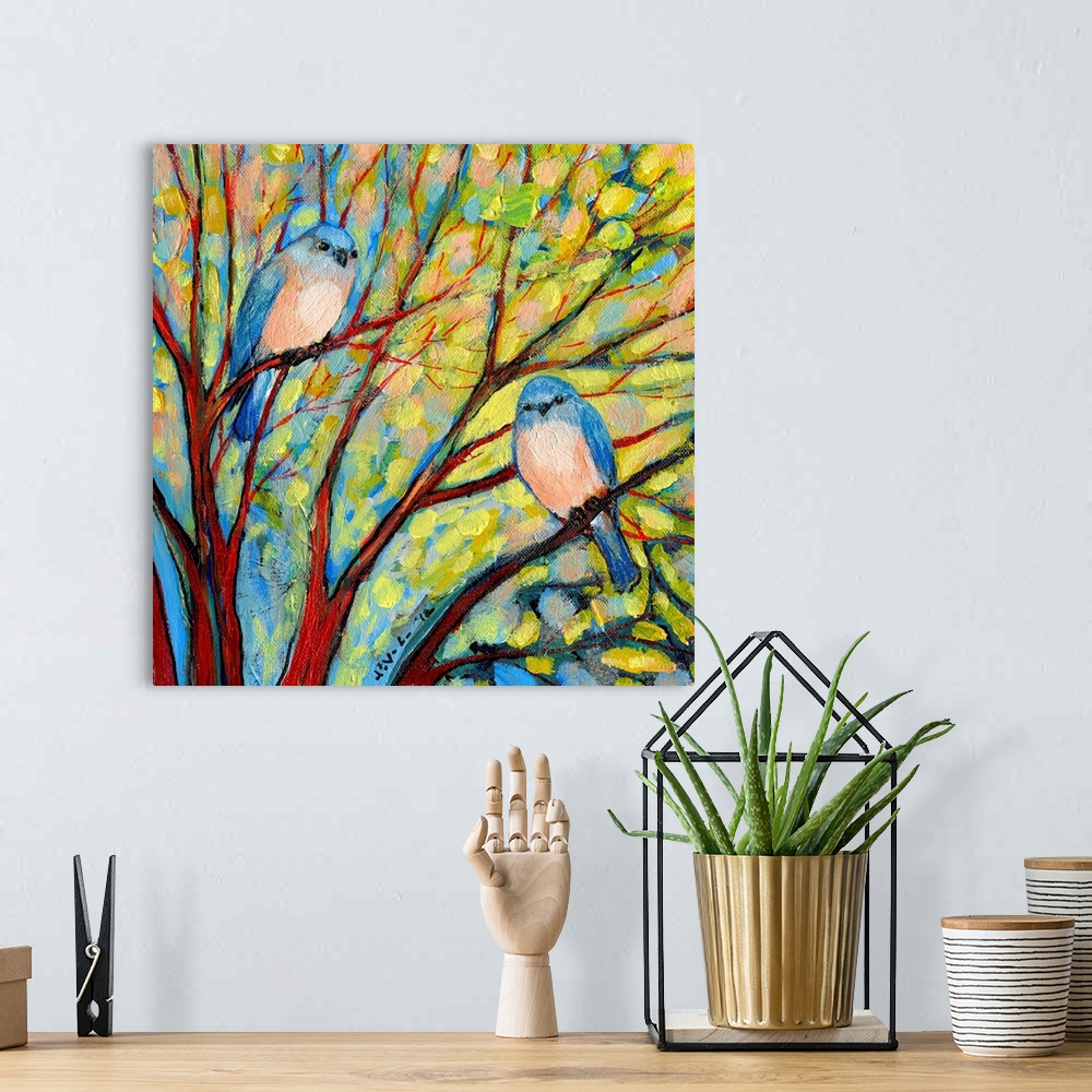 A bohemian room featuring A contemporary, square painting with dry brush stroke textures of birds sitting in a stylized tre...