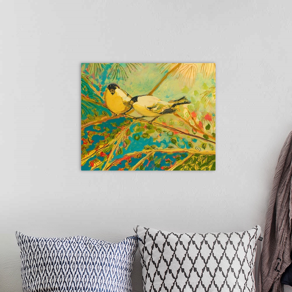 A bohemian room featuring Huge contemporary art portrays a couple birds sitting on a tree branch during a sunny day.  Artis...
