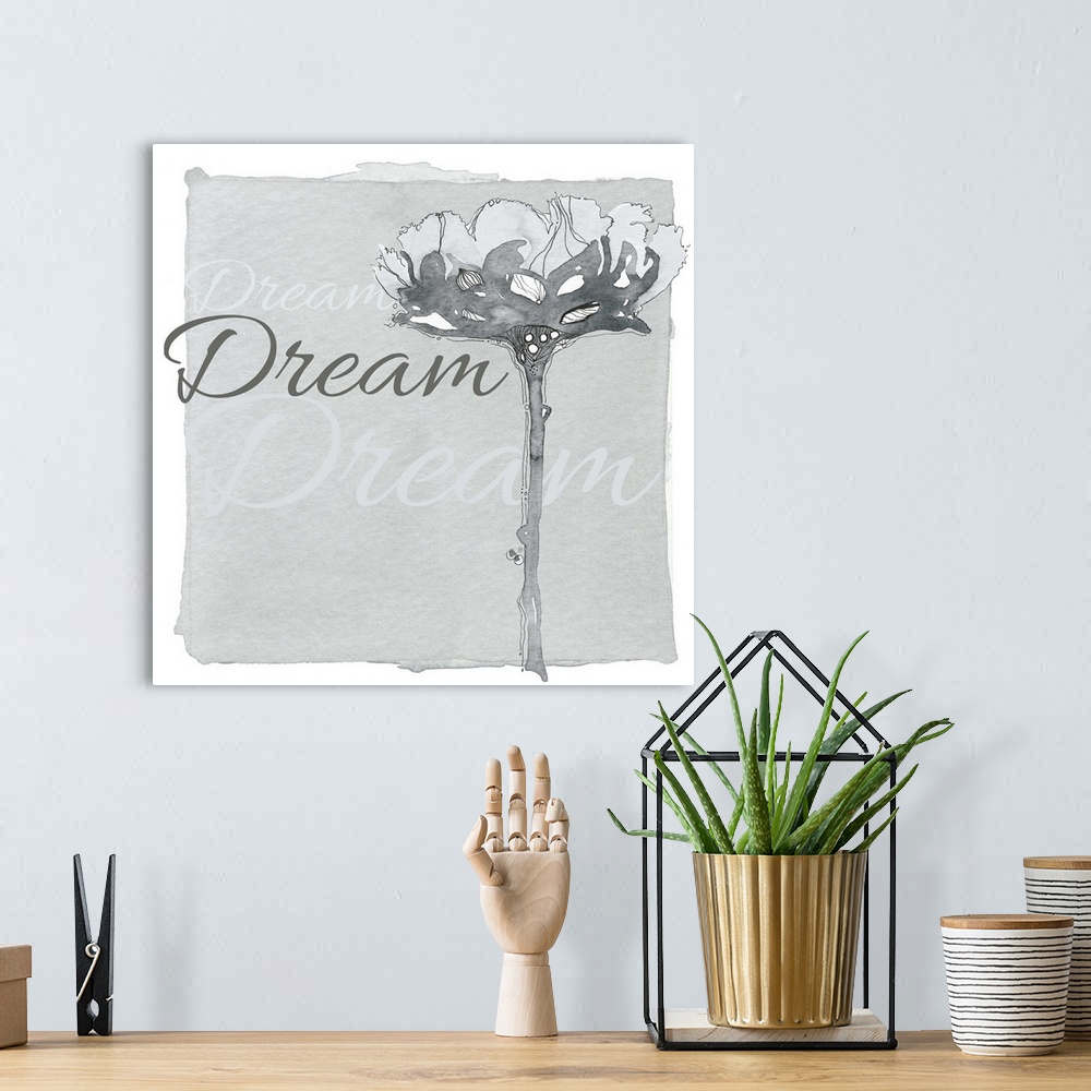 A bohemian room featuring Decorative watercolor painting of a grey flower with the word "Dream" repeated in the background.