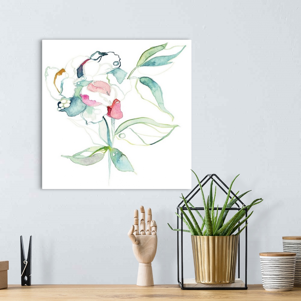 A bohemian room featuring Contemporary watercolor painting of a blooming flower with several leaves.