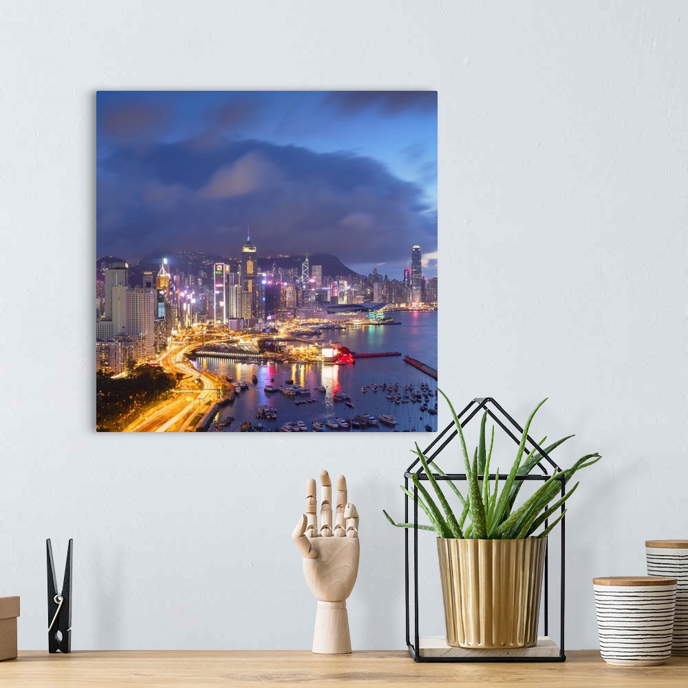A bohemian room featuring Hong Kong Island skyline at sunset, Hong Kong.