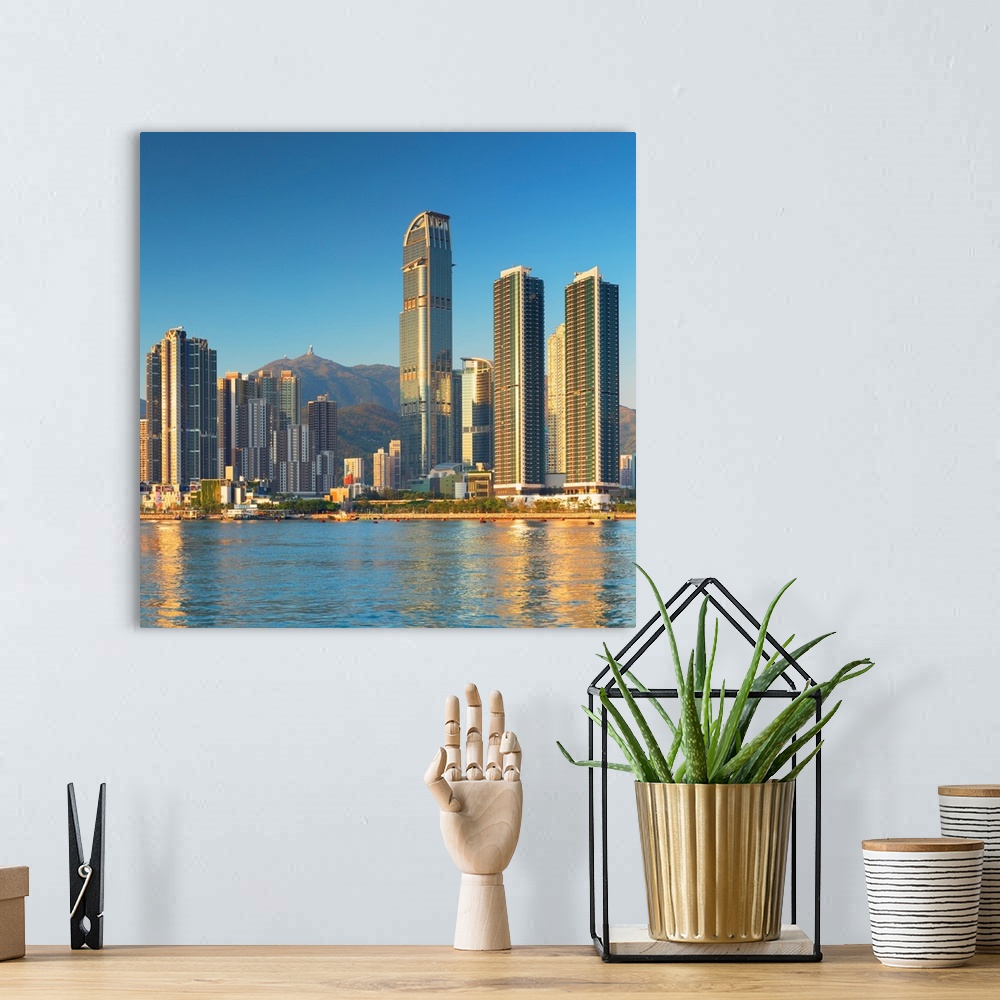 A bohemian room featuring Skyline of Tsuen Wan with Nina Tower, Tsuen Wan, Hong Kong, China.