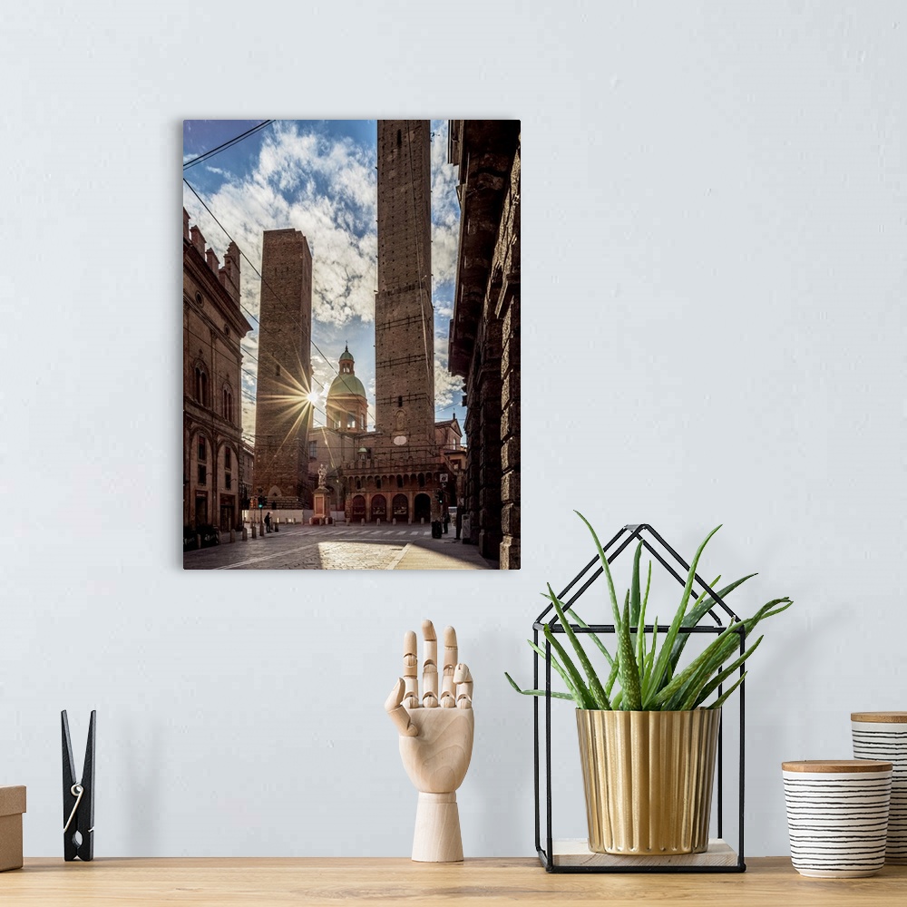 A bohemian room featuring The Two Towers, Garisenda and Asinelli, Bologna, Emilia-Romagna, Italy.
