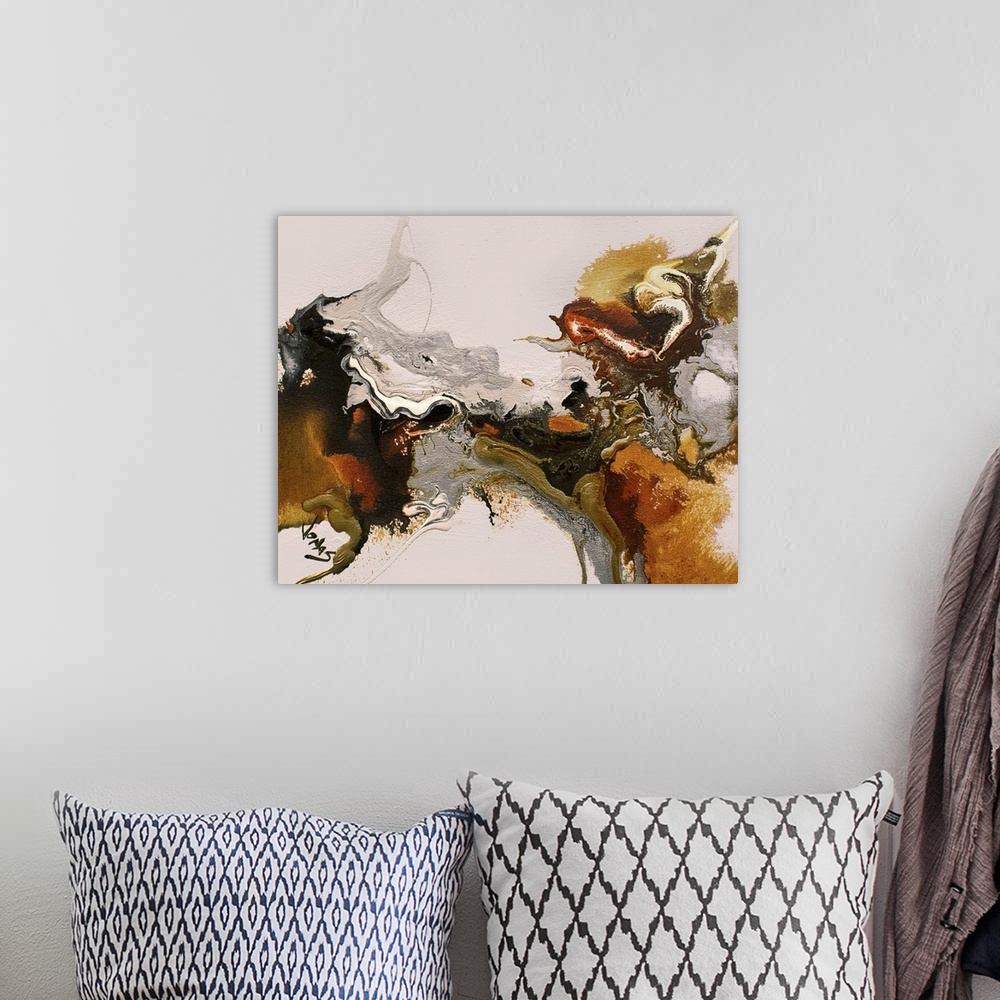 A bohemian room featuring A contemporary abstract painting using earthy tones in a convergence of liquidity.