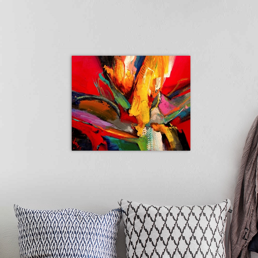 A bohemian room featuring A frenzy of color and motion this abstract painting becomes truly awe inspiring as an oversized w...