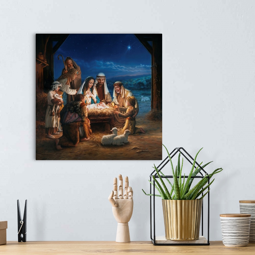 A bohemian room featuring Nativity with shepherds.