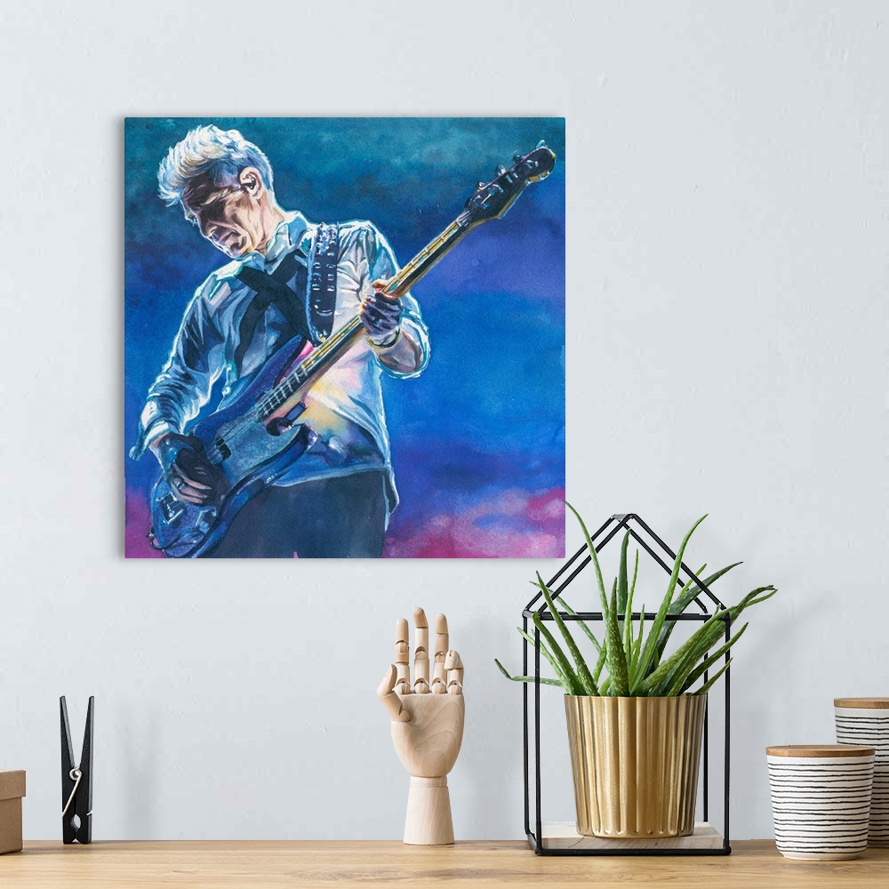 A bohemian room featuring Watercolor painting of Adam Clayton.