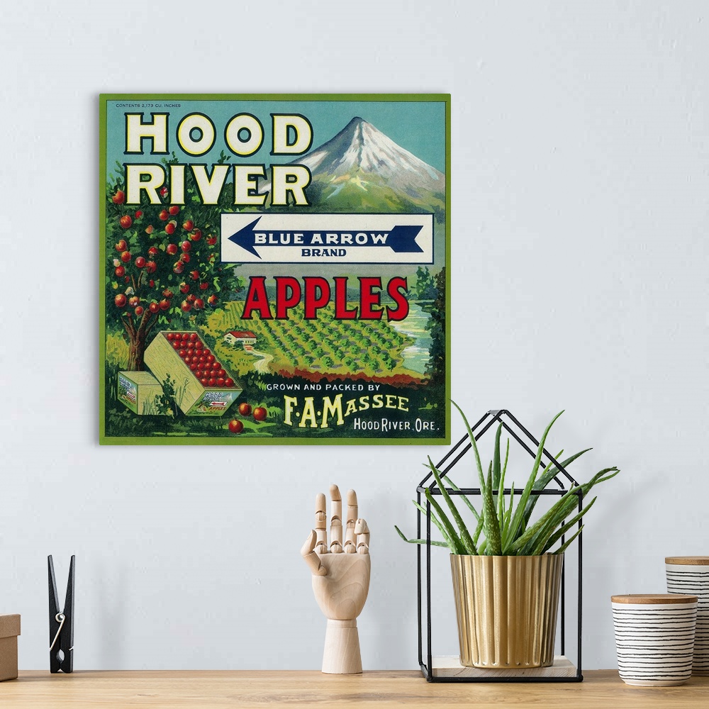 A bohemian room featuring Blue Arrow Apple Crate Label, Hood River, OR